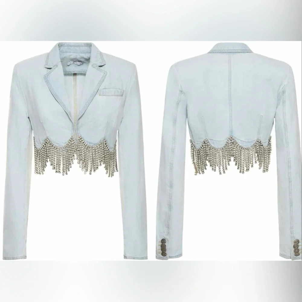 ⚡️⚡️AREA Scalloped Embellished Cropped Denim Jacket in Pale Blue, Size 4,NWT - Picture 5 of 17